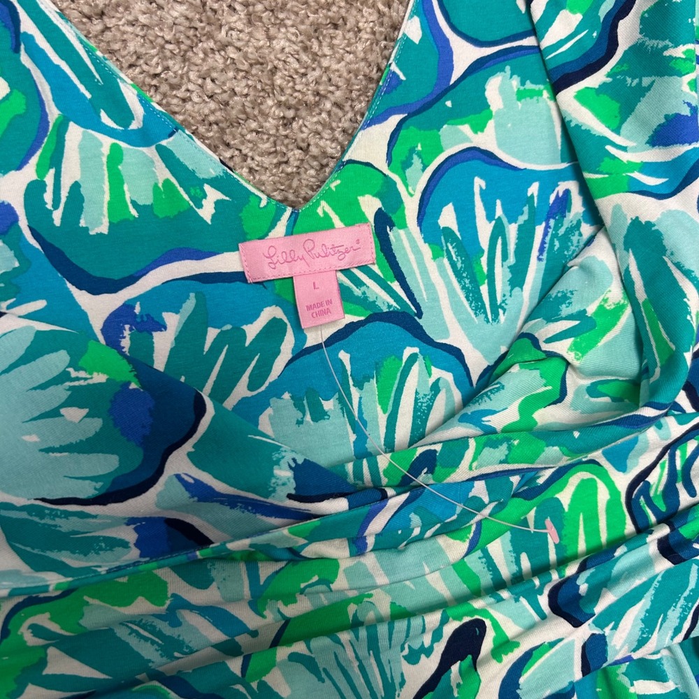 Lilly Pulitzer Fleur Dress Agate Green Lazy River Women Size Large Fit and Flare - Picture 7 of 9